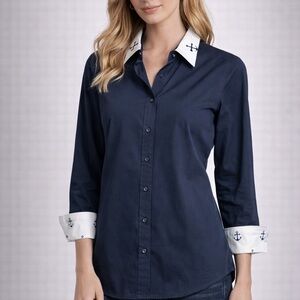 Pearly Vine Navy Button-Down Top ⚓️ | Anchor Print Collar & Cuffs | Size L